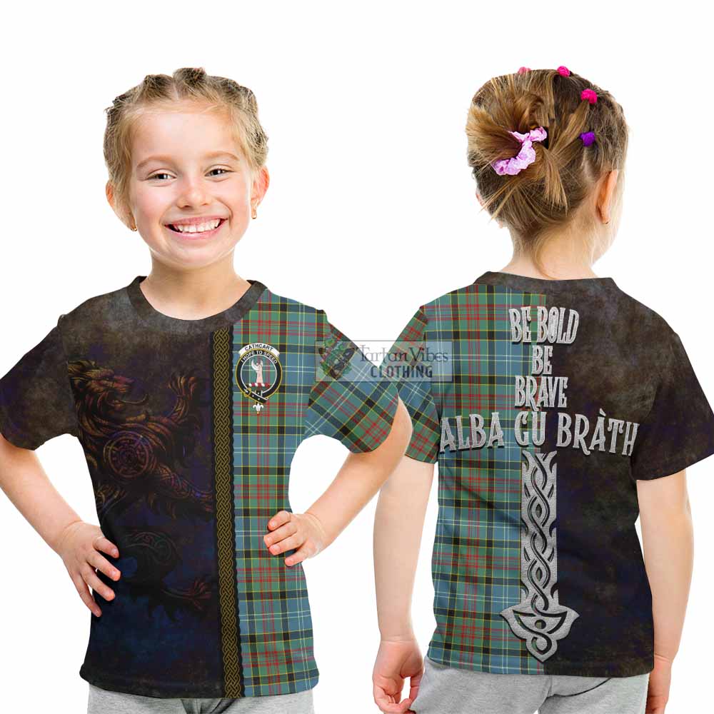 Tartan Vibes Clothing Cathcart Tartan Family Crest Kid T-Shirt Alba Gu Brath Be Brave Lion Ancient Style
