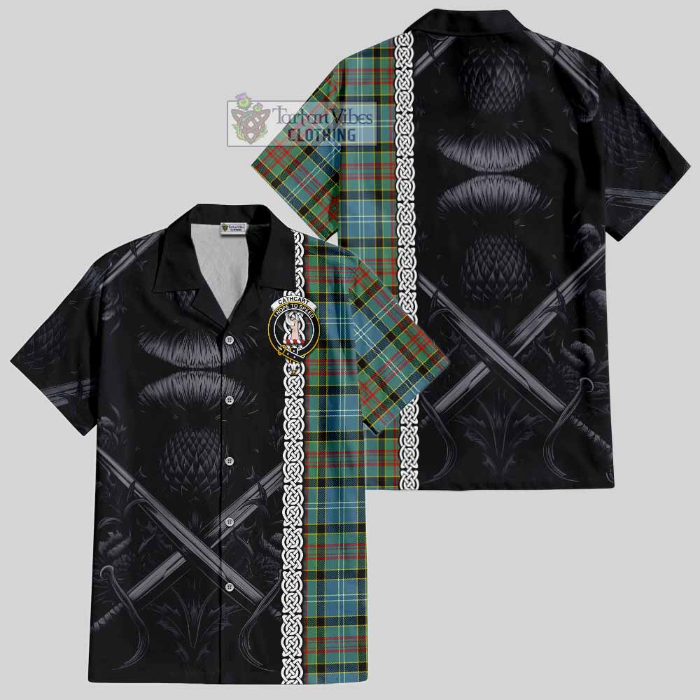 Tartan Vibes Clothing Cathcart Tartan Short Sleeve Button Shirt with Family Crest Cross Sword Thistle Celtic Vibes