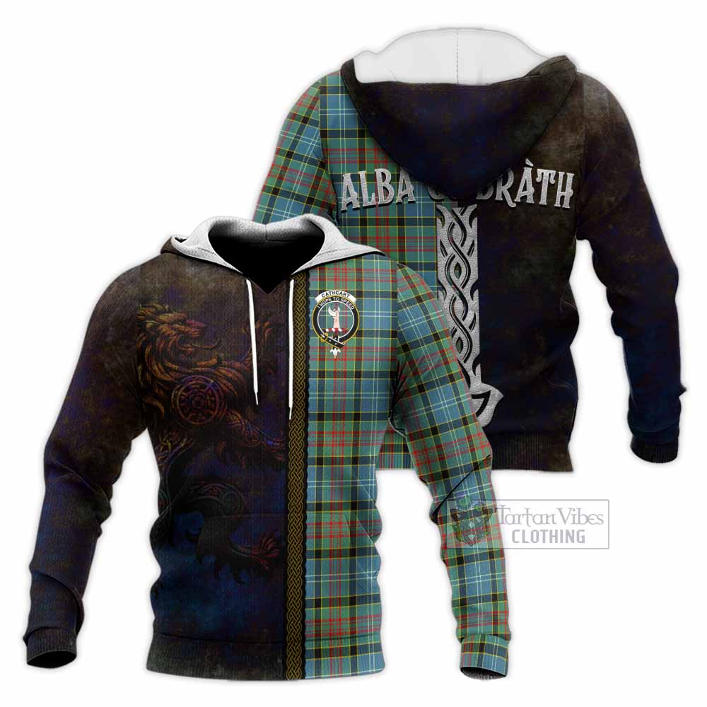 Tartan Vibes Clothing Cathcart Tartan Family Crest Knitted Hoodie Alba Gu Brath Be Brave Lion Ancient Style