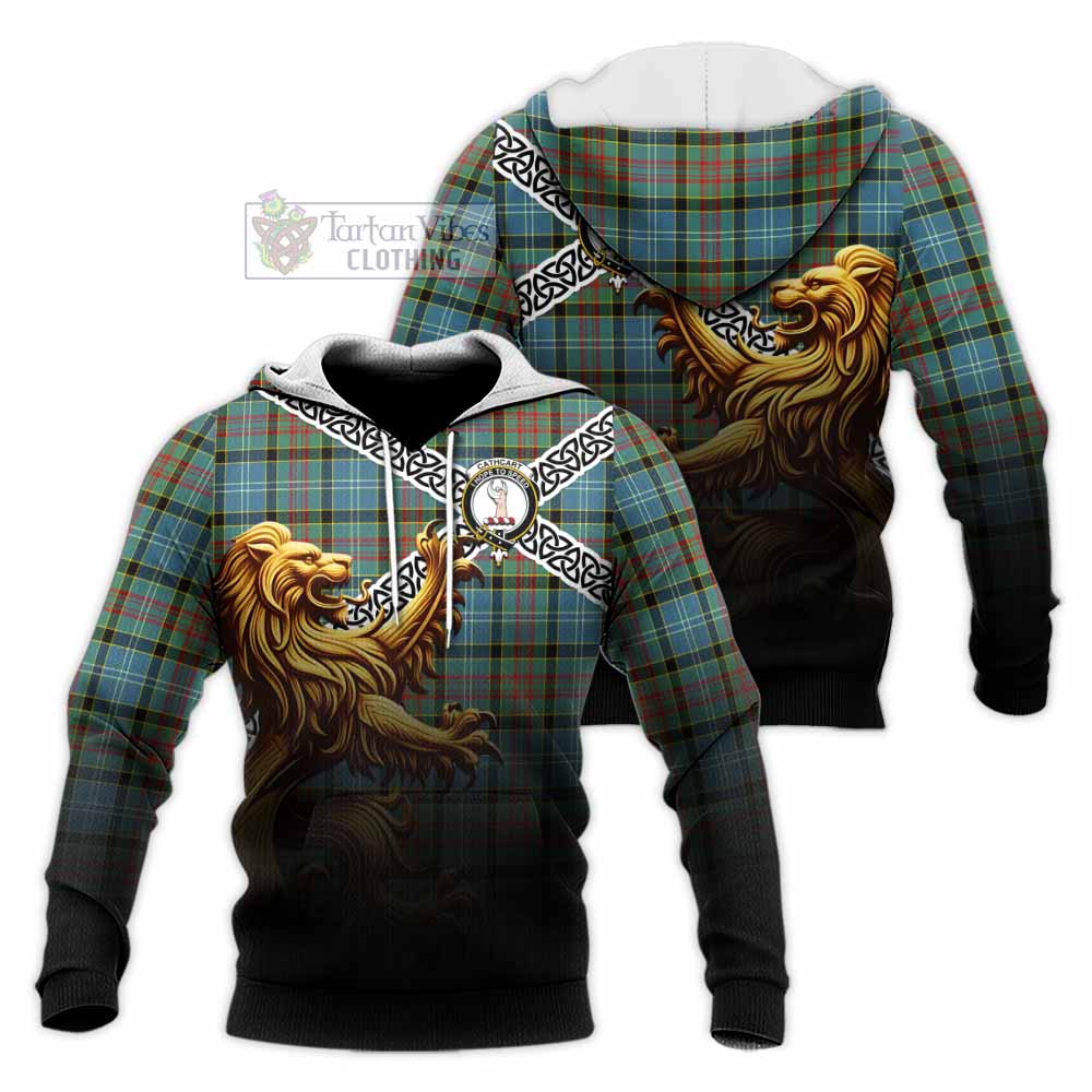 Tartan Vibes Clothing Cathcart Crest Tartan Knitted Hoodie with Golden Lion Emblem Celtic Style