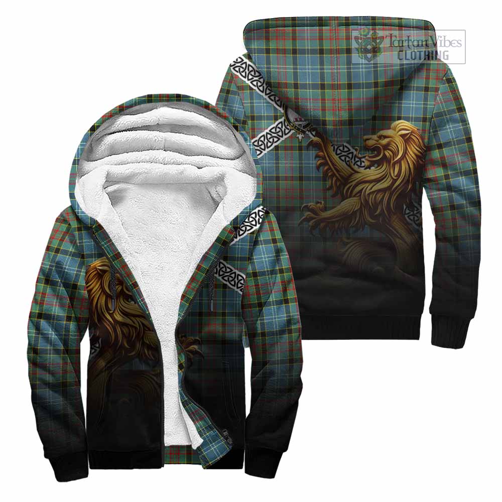 Tartan Vibes Clothing Cathcart Crest Tartan Sherpa Hoodie with Golden Lion Emblem Celtic Style