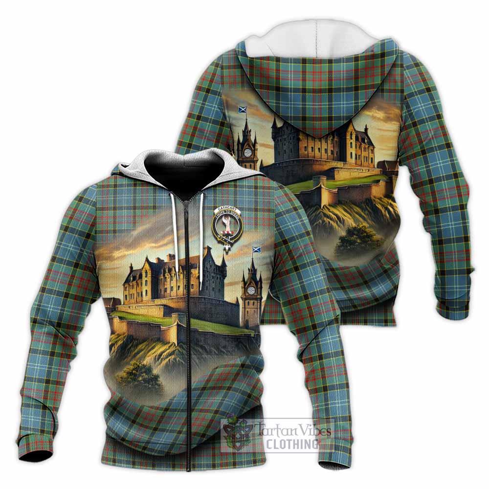 Tartan Vibes Clothing Cathcart Tartan Family Crest Knitted Hoodie with Scottish Ancient Castle Style