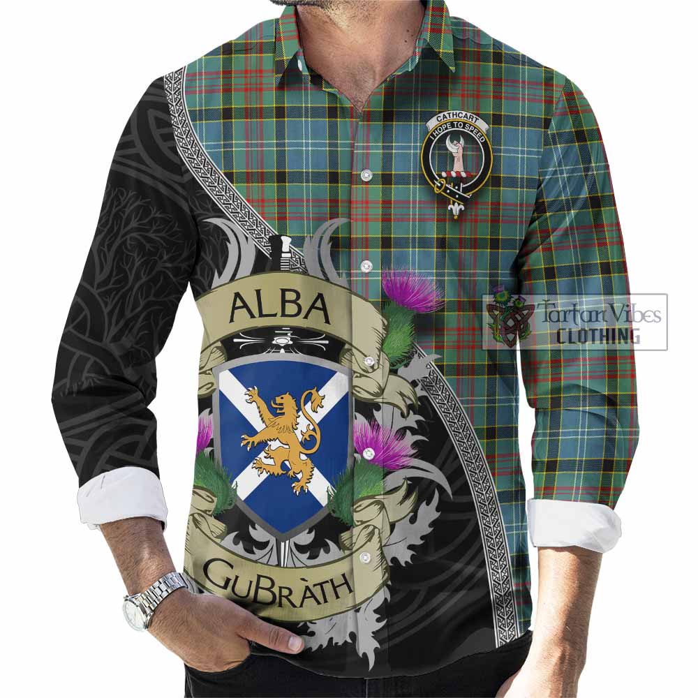Tartan Vibes Clothing Cathcart Tartan Family Crest Long Sleeve Button Shirt Lion Rampant Royal Thistle Shield Celtic Inspired
