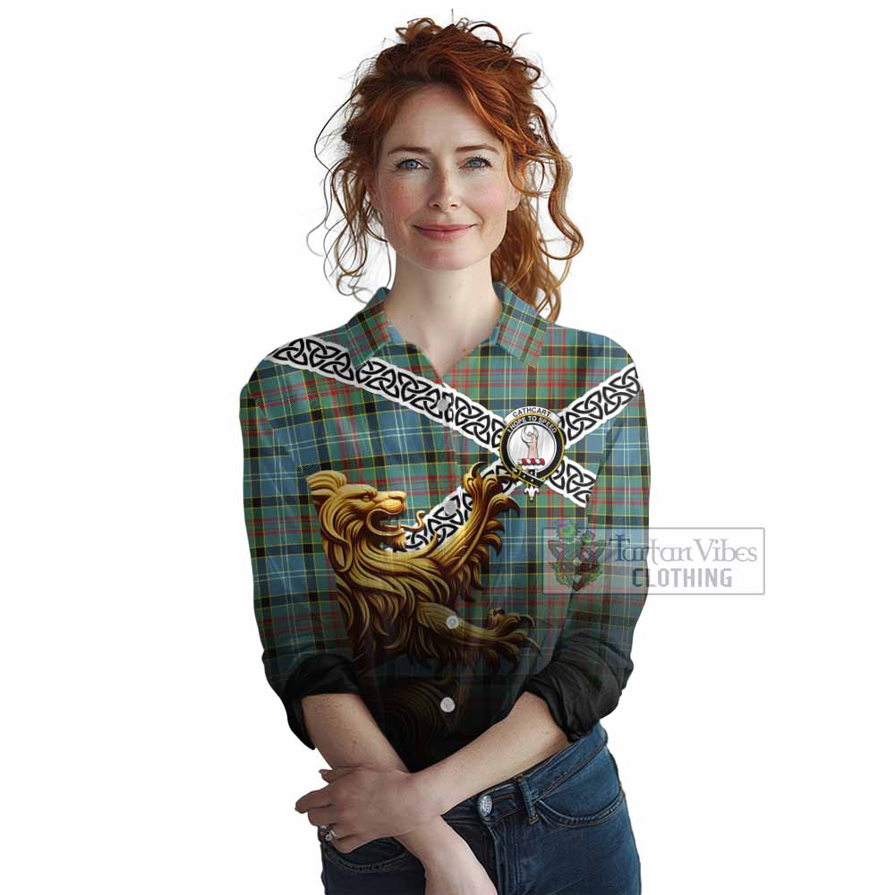 Tartan Vibes Clothing Cathcart Crest Tartan Women's Casual Shirt with Golden Lion Emblem Celtic Style
