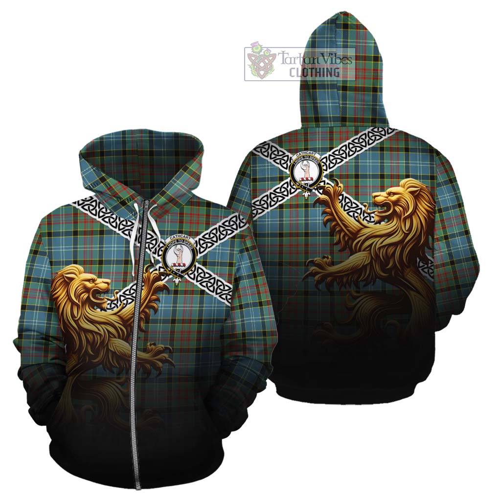Tartan Vibes Clothing Cathcart Crest Tartan Cotton Hoodie with Golden Lion Emblem Celtic Style