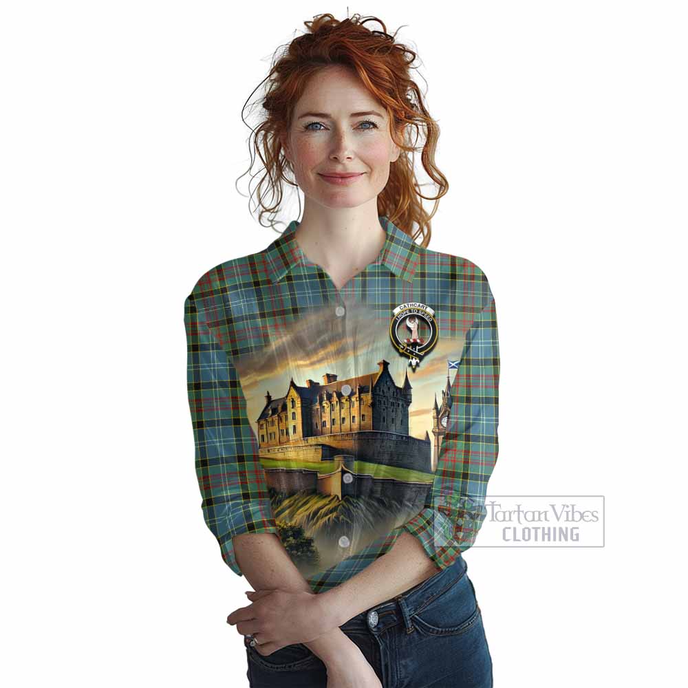 Tartan Vibes Clothing Cathcart Tartan Family Crest Women's Casual Shirt with Scottish Ancient Castle Style