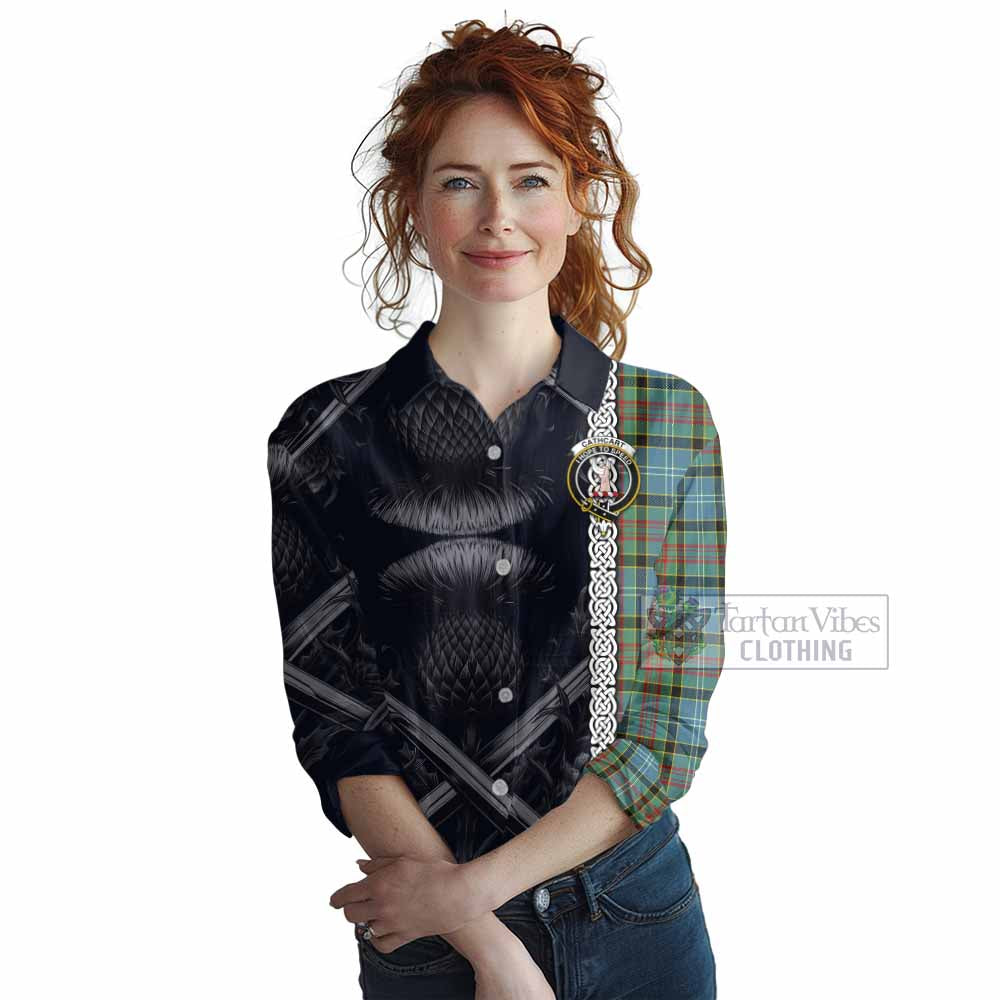 Tartan Vibes Clothing Cathcart Tartan Women's Casual Shirt with Family Crest Cross Sword Thistle Celtic Vibes