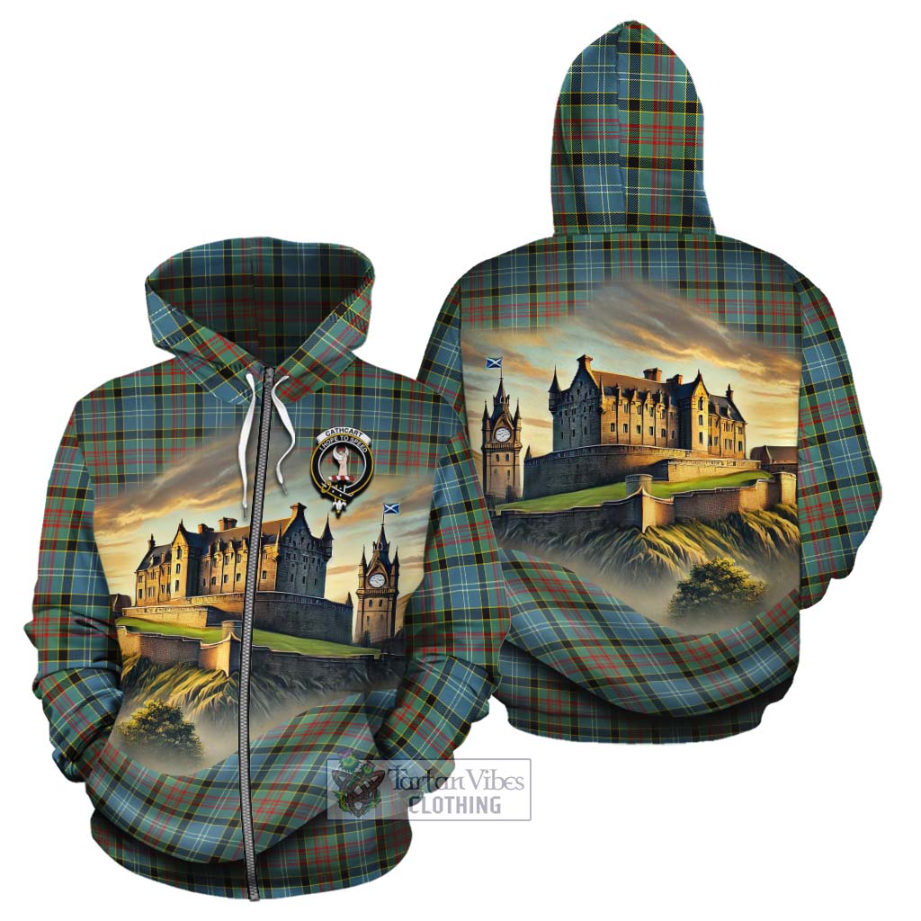 Tartan Vibes Clothing Cathcart Tartan Family Crest Cotton Hoodie with Scottish Ancient Castle Style