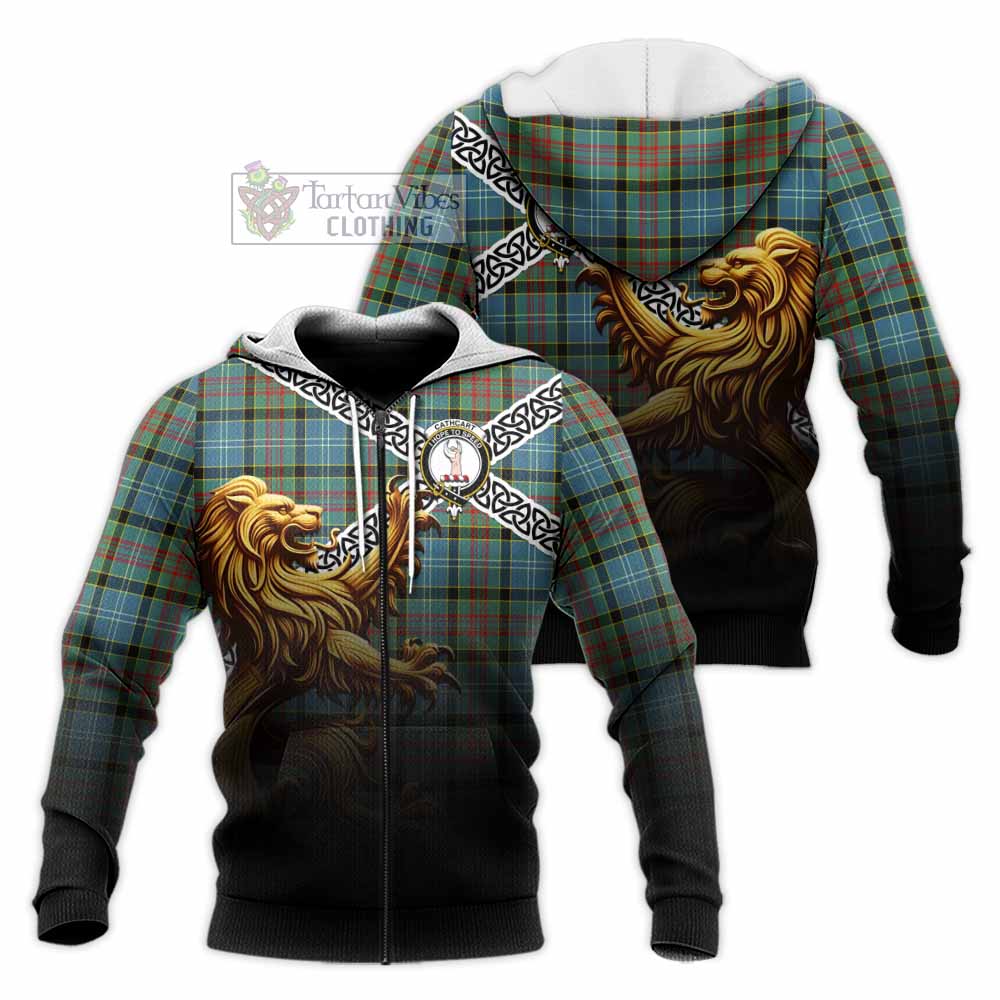 Tartan Vibes Clothing Cathcart Crest Tartan Knitted Hoodie with Golden Lion Emblem Celtic Style
