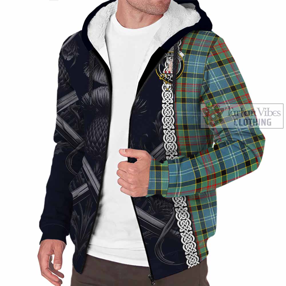 Tartan Vibes Clothing Cathcart Tartan Sherpa Hoodie with Family Crest Cross Sword Thistle Celtic Vibes