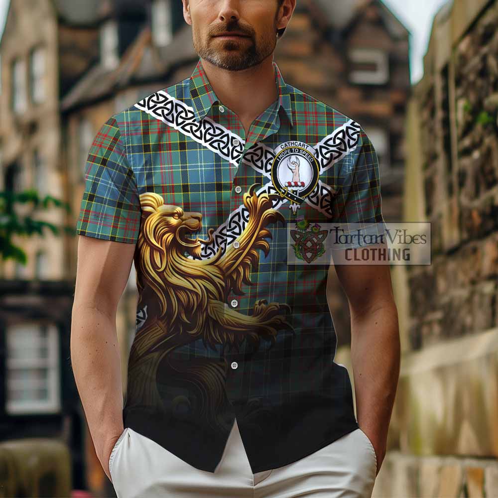 Tartan Vibes Clothing Cathcart Crest Tartan Short Sleeve Button Shirt with Golden Lion Emblem Celtic Style