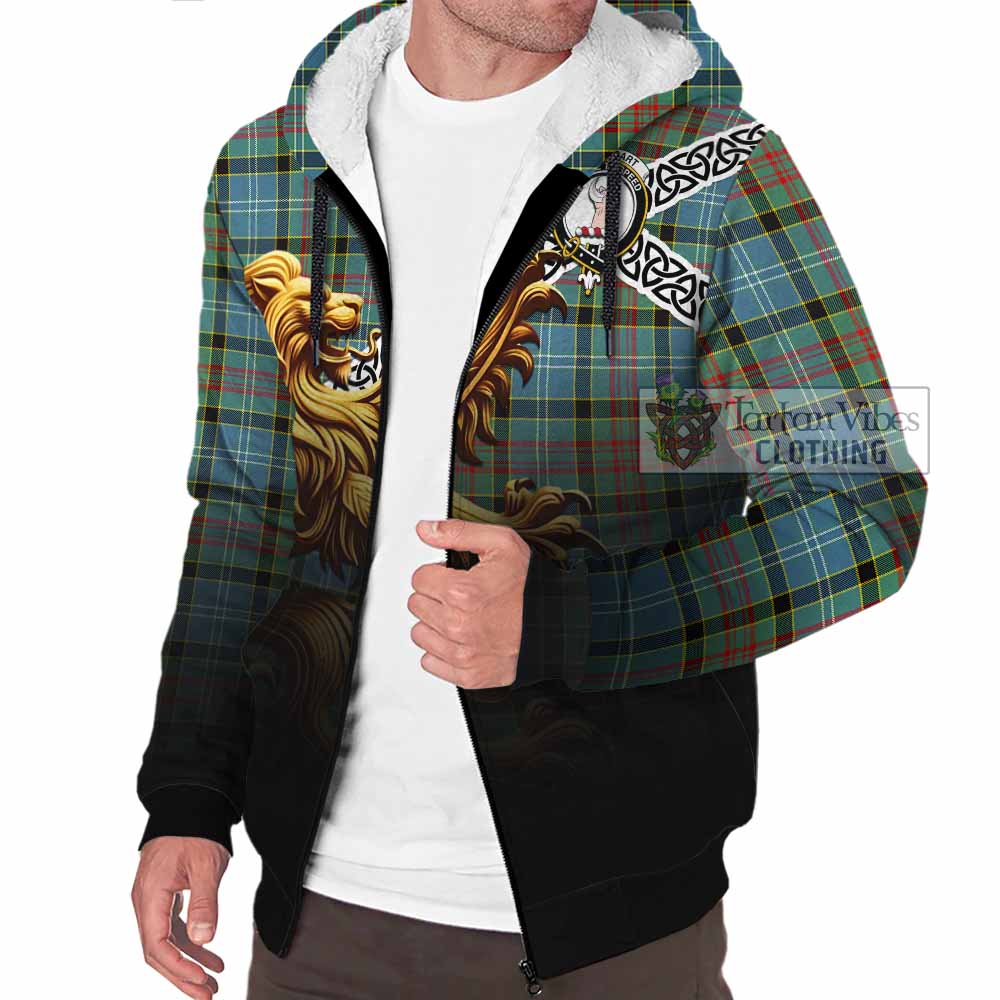 Tartan Vibes Clothing Cathcart Crest Tartan Sherpa Hoodie with Golden Lion Emblem Celtic Style