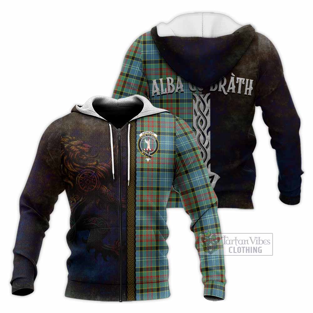 Tartan Vibes Clothing Cathcart Tartan Family Crest Knitted Hoodie Alba Gu Brath Be Brave Lion Ancient Style