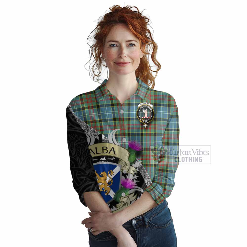 Tartan Vibes Clothing Cathcart Tartan Family Crest Women's Casual Shirt Lion Rampant Royal Thistle Shield Celtic Inspired