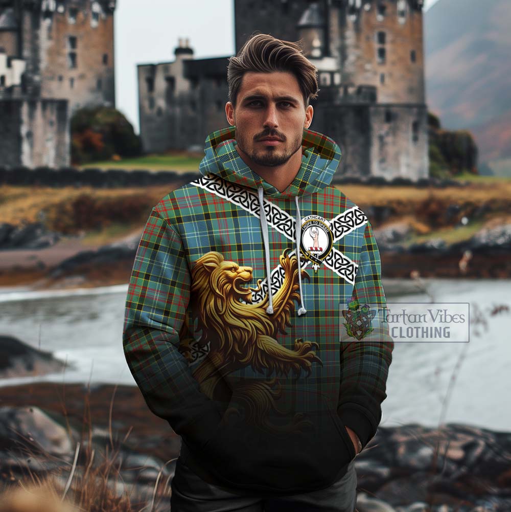 Tartan Vibes Clothing Cathcart Crest Tartan Cotton Hoodie with Golden Lion Emblem Celtic Style