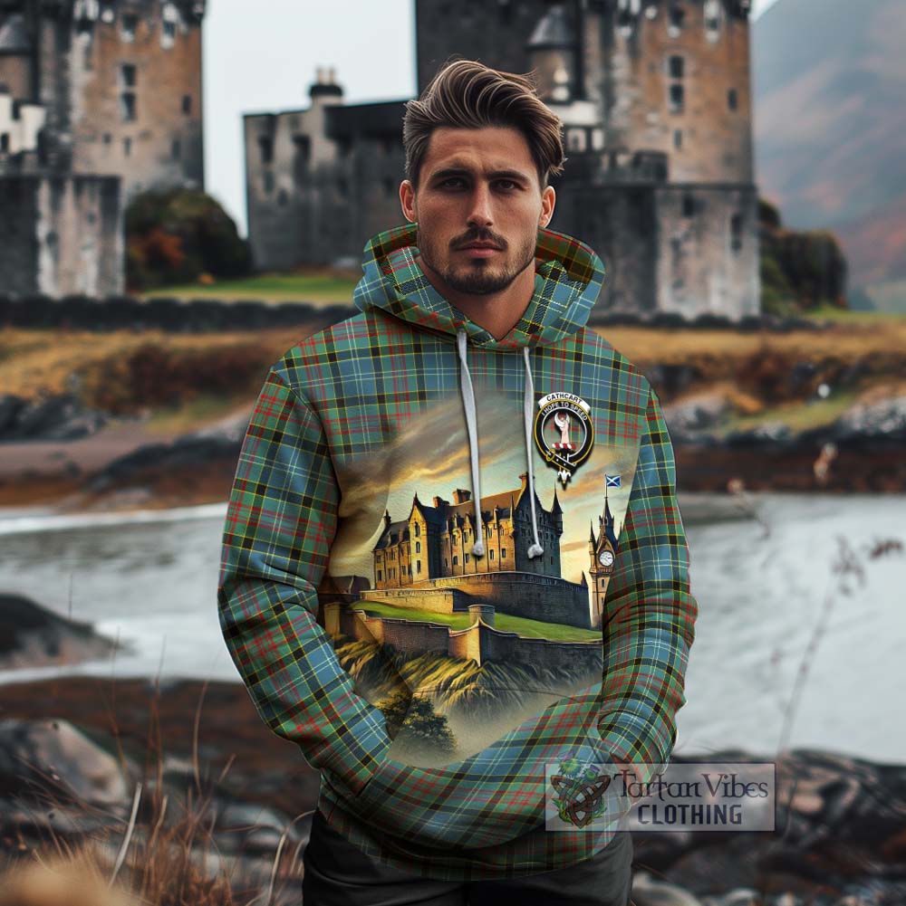 Tartan Vibes Clothing Cathcart Tartan Family Crest Cotton Hoodie with Scottish Ancient Castle Style