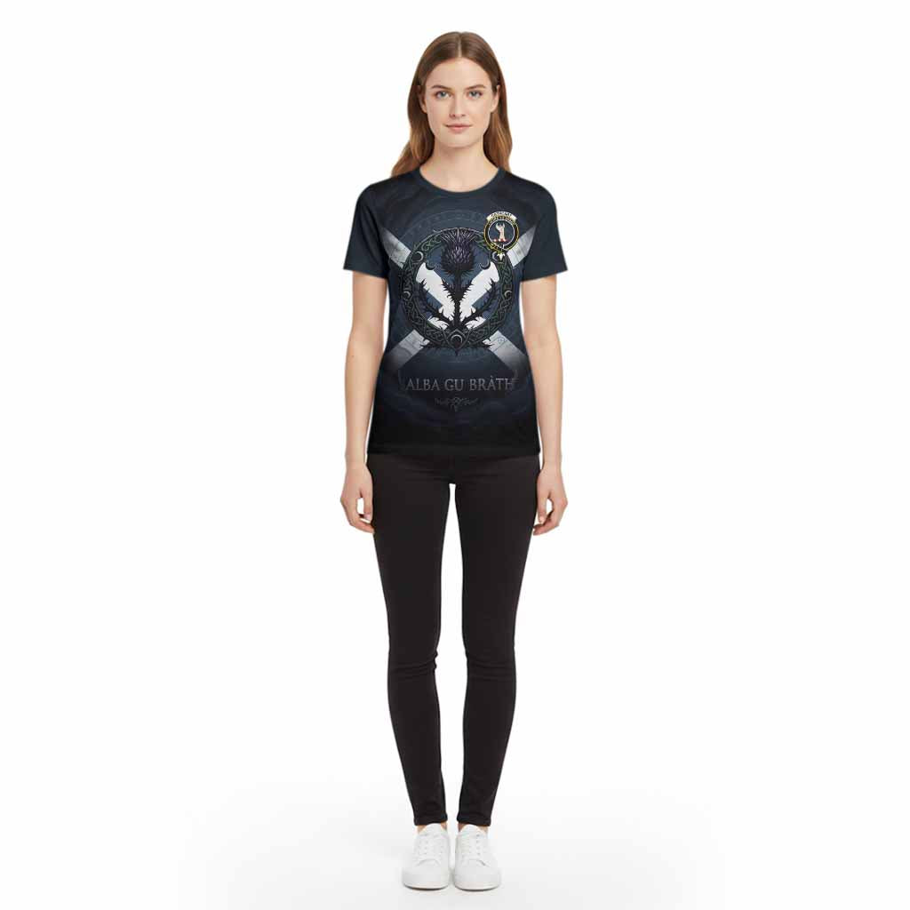 Cathcart Clan Crest Cotton T-shirt with Celtic Knot Thistle and Saltire