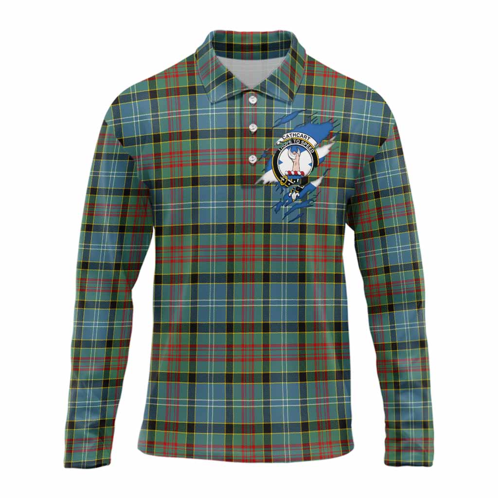 Cathcart Clan Crest In Me Tartan Long Sleeve Polo Shirt Scotland Flag Style