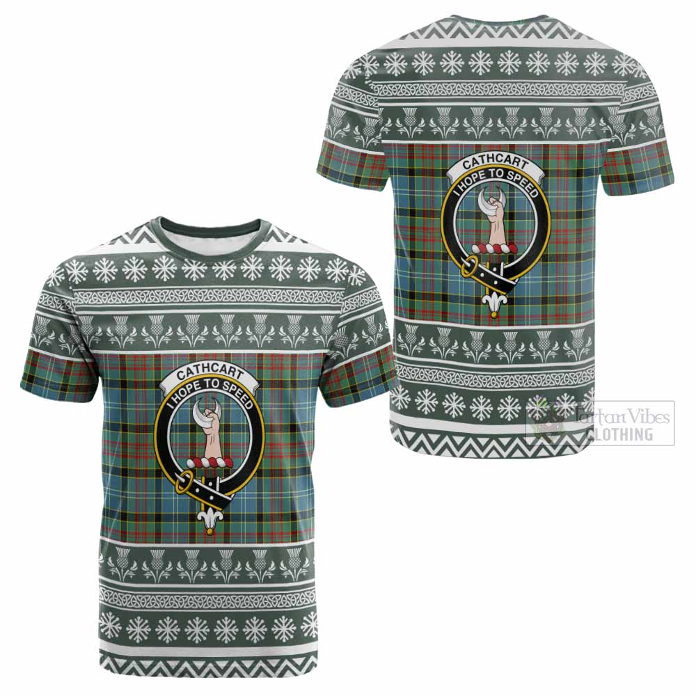 Cathcart Clan Tartan Christmas Cotton T-shirt with Family Crest - Tartan Vibes Clothing
