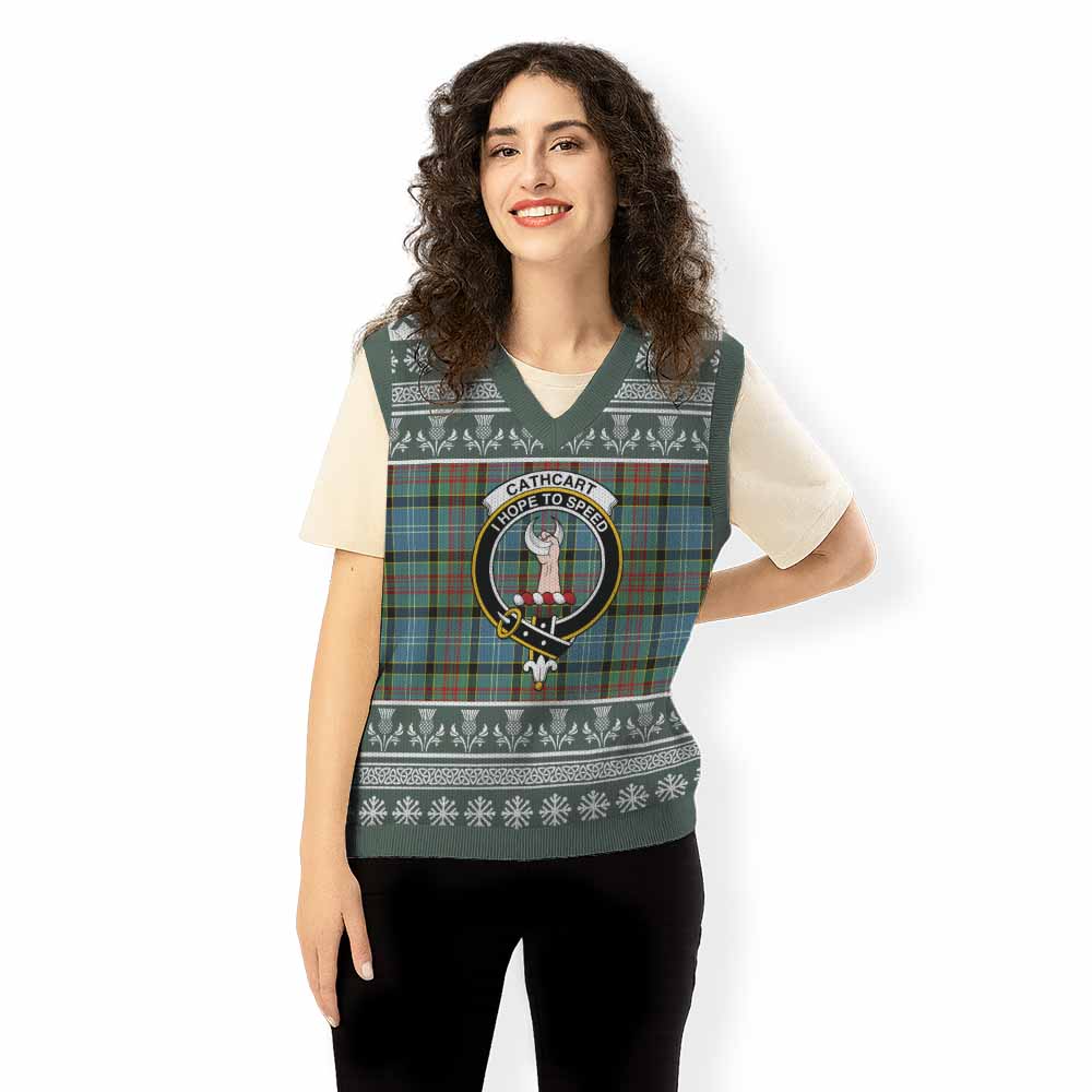 Cathcart Clan Tartan Christmas Knitted V-Neck Vest with Family Crest - Tartan Vibes Clothing