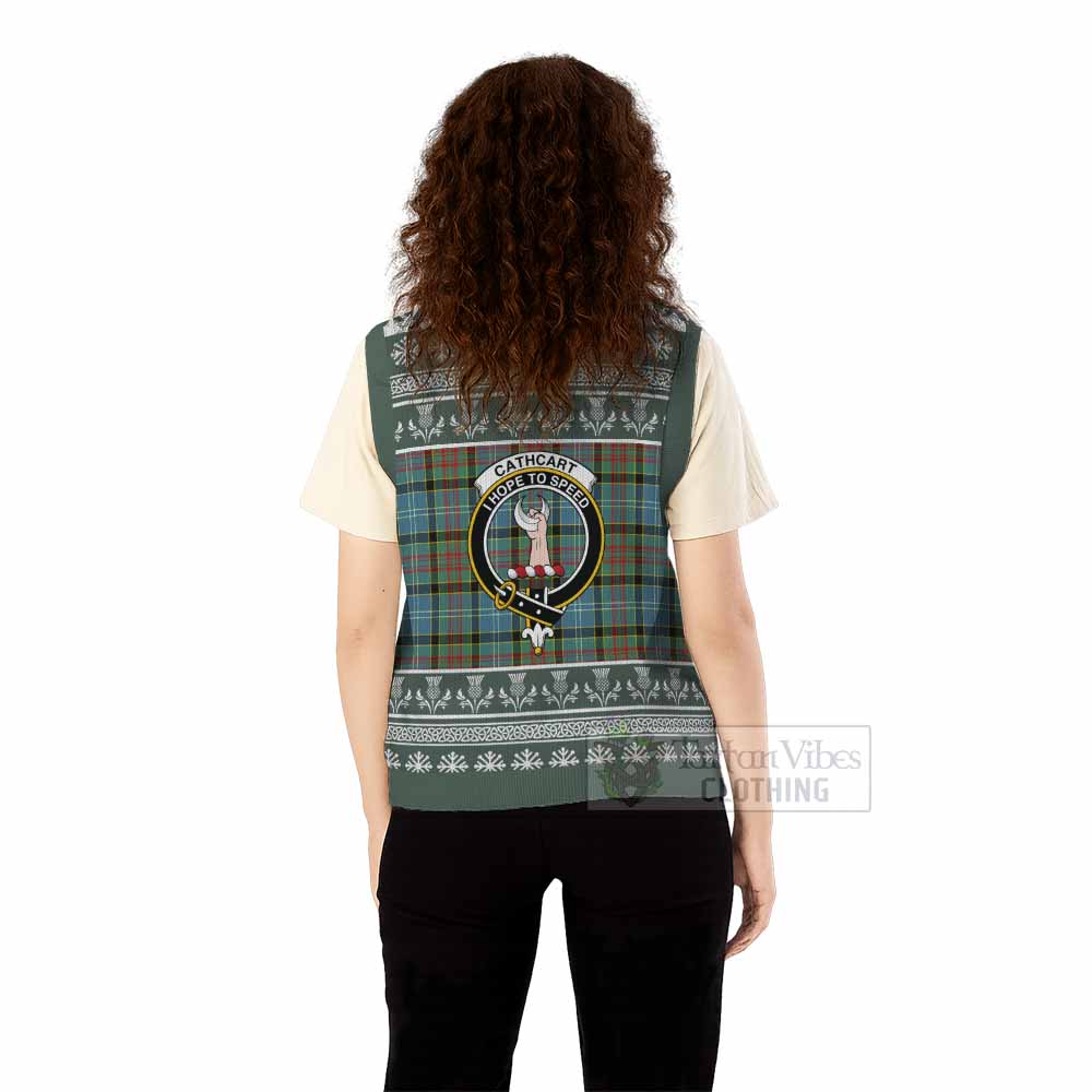 Cathcart Clan Tartan Christmas Knitted V-Neck Vest with Family Crest - Tartan Vibes Clothing