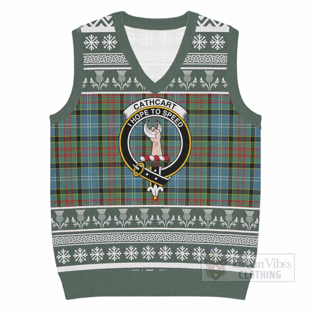 Cathcart Clan Tartan Christmas Knitted V-Neck Vest with Family Crest - Tartan Vibes Clothing