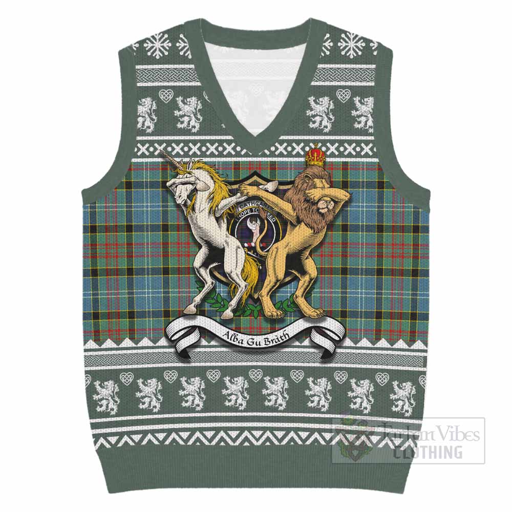Cathcart Clan Tartan Crest Christmas Knitted V-Neck Vest Coat of Arms Funny Style - Tartan Vibes Clothing