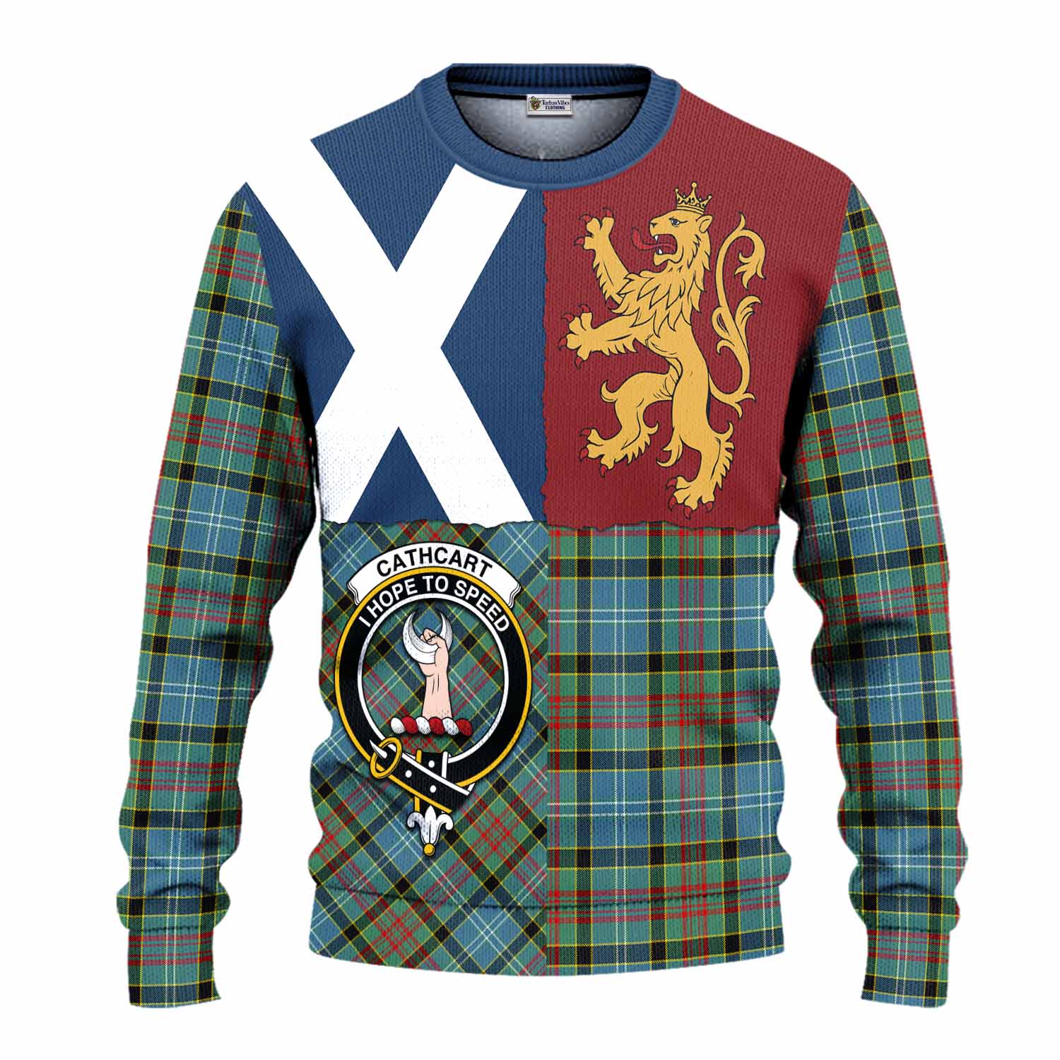 Cathcart Crest Tartan Knitted Sweater with Lion Rampant Saltire Style