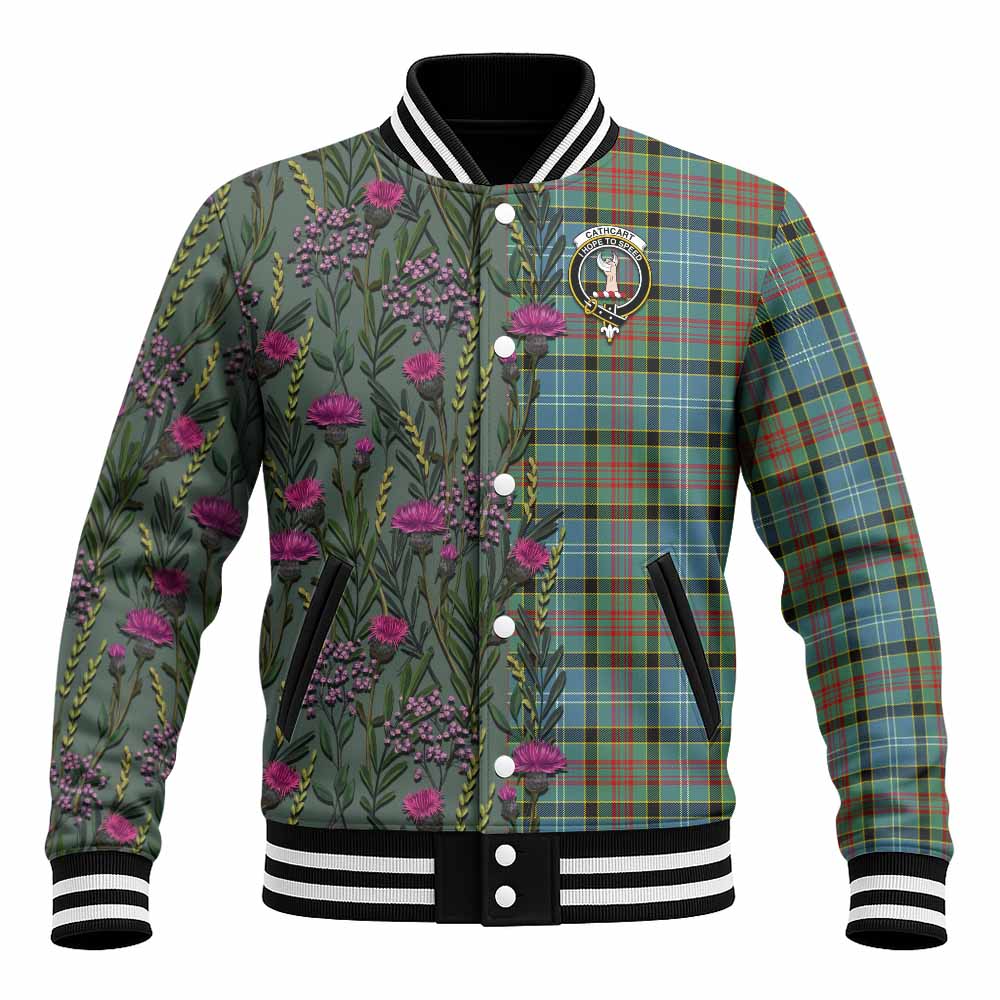 Cathcart Family Crest Tartan Baseball Jacket Scottish Thistle Flower Pattern Half Style - Tartan Vibes Clothing