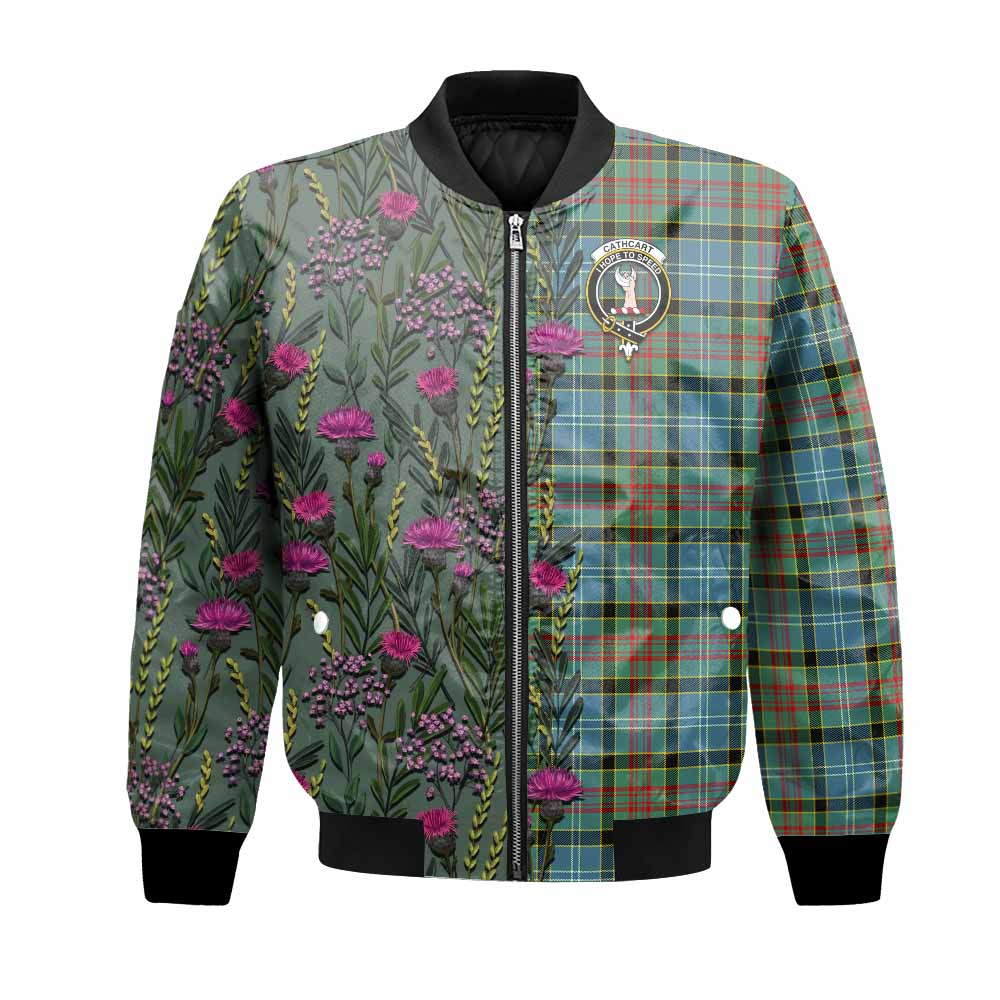 Cathcart Family Crest Tartan Bomber Jacket Scottish Thistle Flower Pattern Half Style - Tartan Vibes Clothing