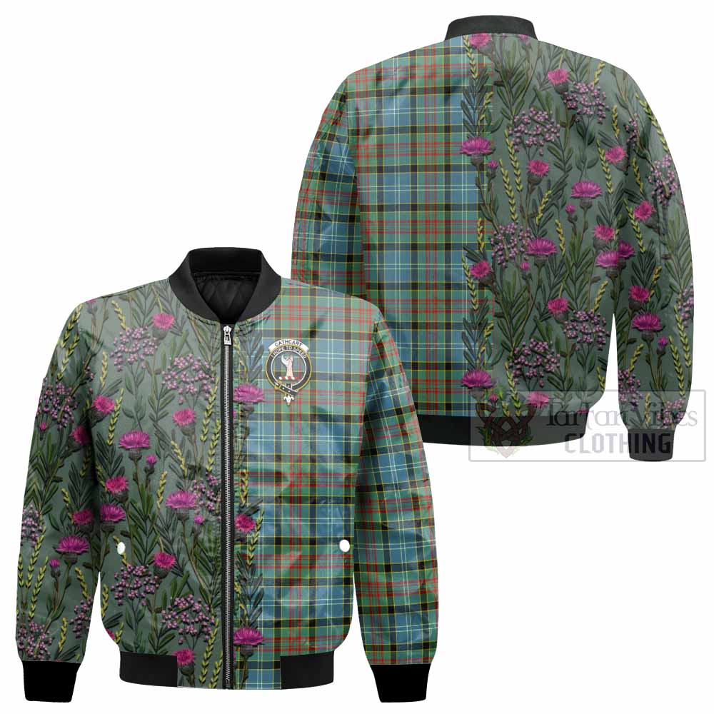 Cathcart Family Crest Tartan Bomber Jacket Scottish Thistle Flower Pattern Half Style - Tartan Vibes Clothing