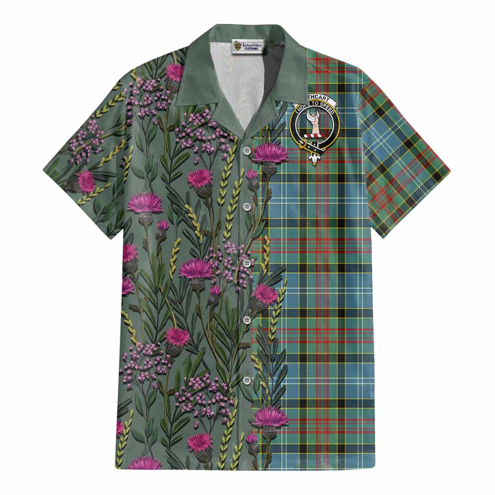 Cathcart Family Crest Tartan Cotton Hawaiian Shirt Scottish Thistle Flower Pattern Half Style - Tartan Vibes Clothing