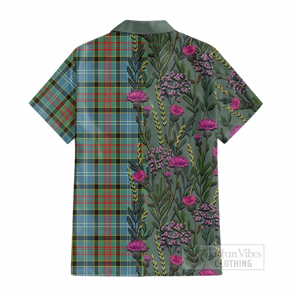 Cathcart Family Crest Tartan Cotton Hawaiian Shirt Scottish Thistle Flower Pattern Half Style - Tartan Vibes Clothing