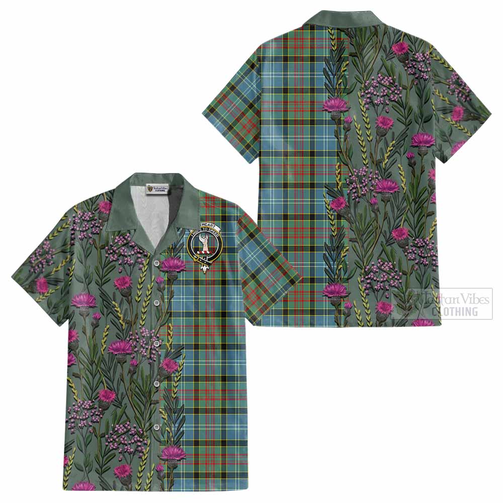 Cathcart Family Crest Tartan Cotton Hawaiian Shirt Scottish Thistle Flower Pattern Half Style - Tartan Vibes Clothing