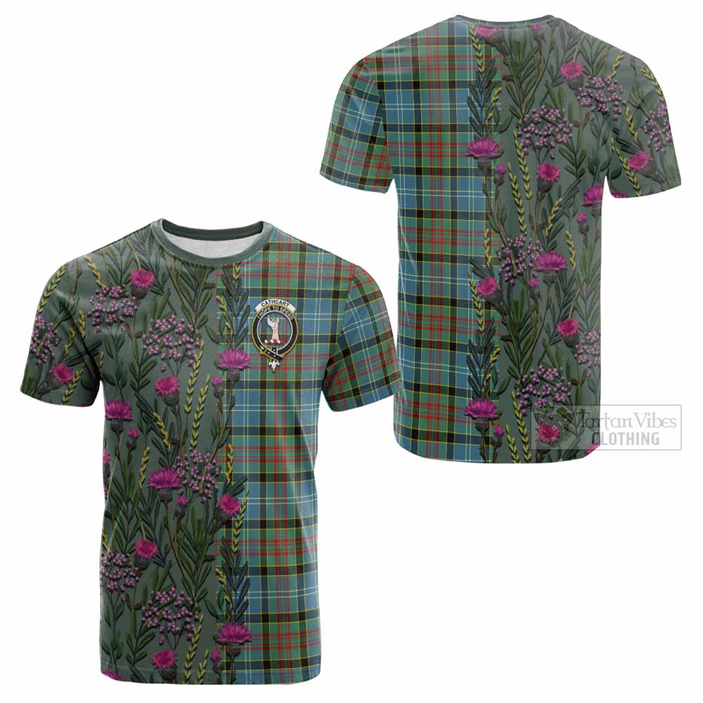 Cathcart Family Crest Tartan Cotton T-shirt Scottish Thistle Flower Pattern Half Style - Tartan Vibes Clothing