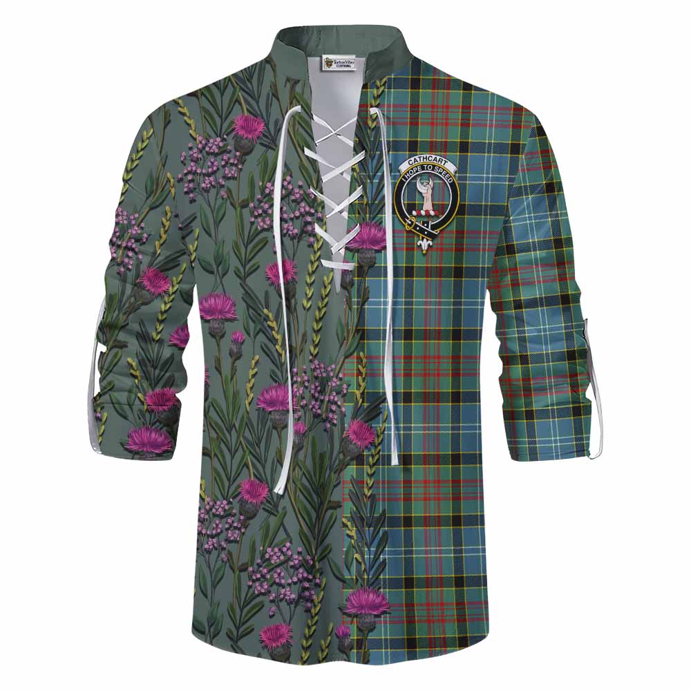 Cathcart Family Crest Tartan Ghillie Shirt Scottish Thistle Flower Pattern Half Style - Tartan Vibes Clothing