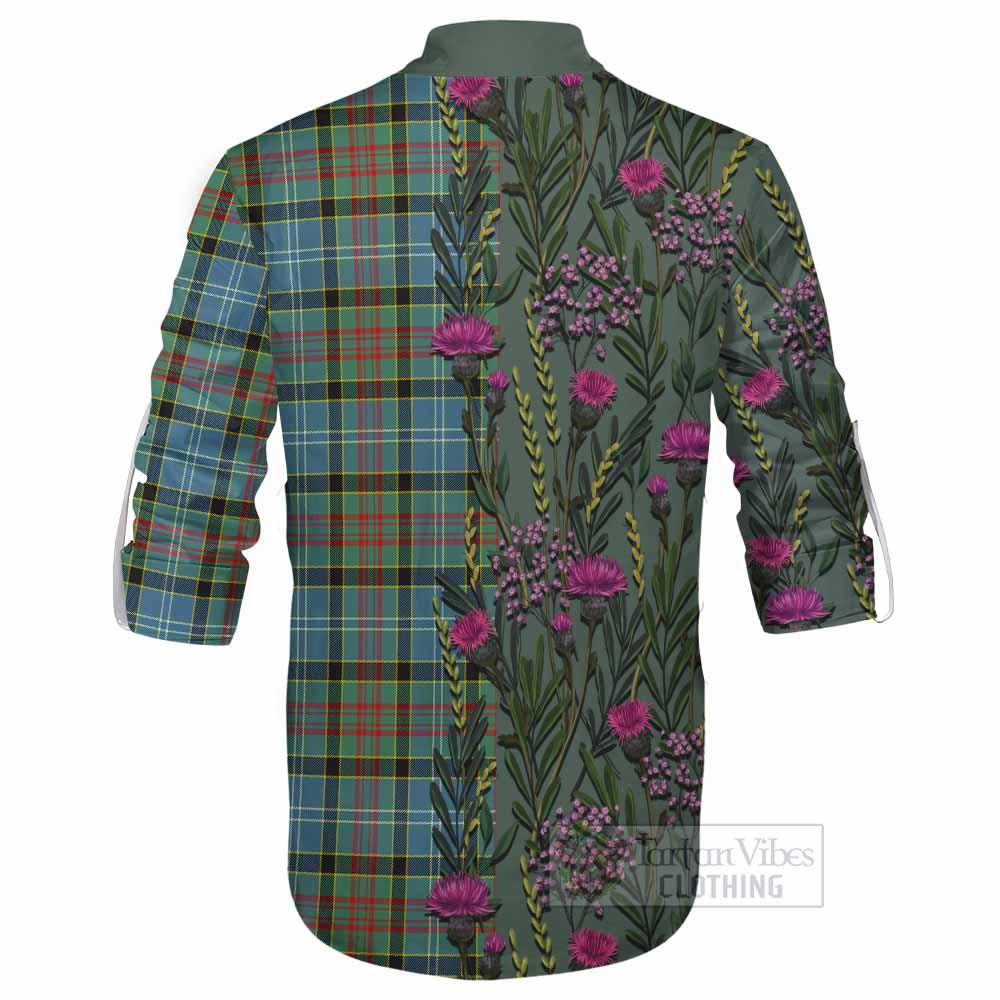 Cathcart Family Crest Tartan Ghillie Shirt Scottish Thistle Flower Pattern Half Style - Tartan Vibes Clothing