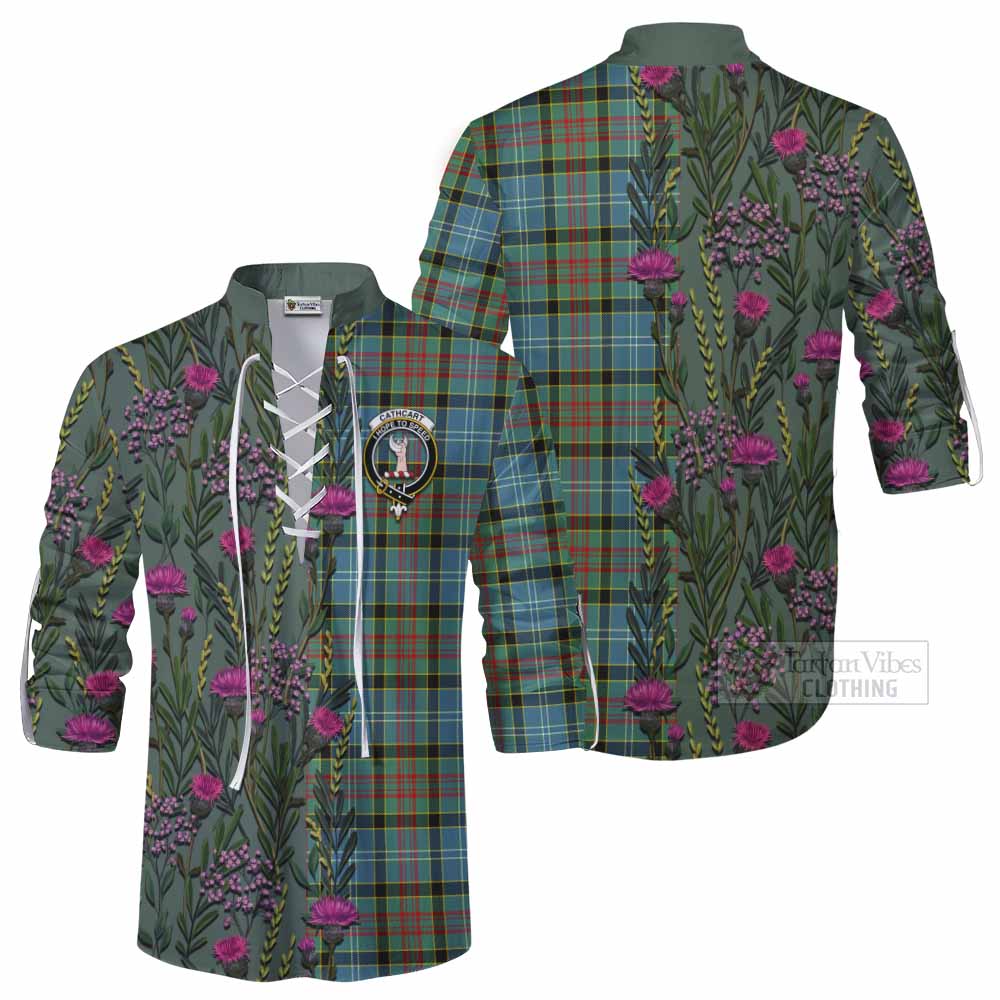 Cathcart Family Crest Tartan Ghillie Shirt Scottish Thistle Flower Pattern Half Style - Tartan Vibes Clothing