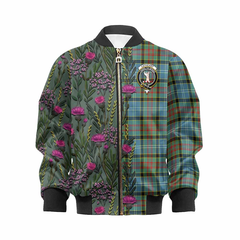 Cathcart Family Crest Tartan Kid Bomber Jacket Scottish Thistle Flower Pattern Half Style - Tartan Vibes Clothing