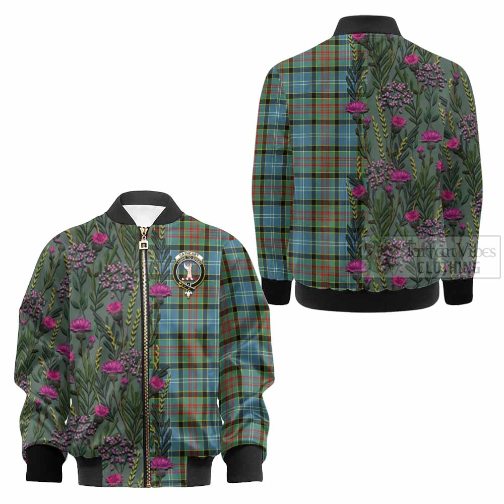 Cathcart Family Crest Tartan Kid Bomber Jacket Scottish Thistle Flower Pattern Half Style - Tartan Vibes Clothing