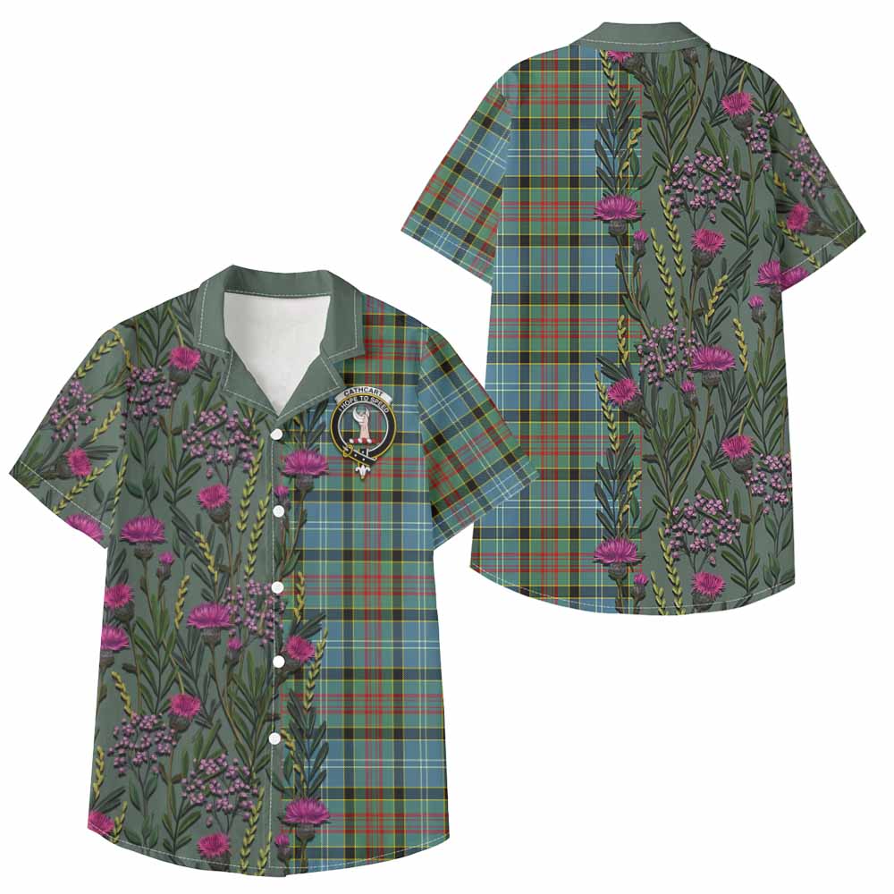 Cathcart Family Crest Tartan Kid Hawaiian Shirt Scottish Thistle Flower Pattern Half Style - Tartan Vibes Clothing
