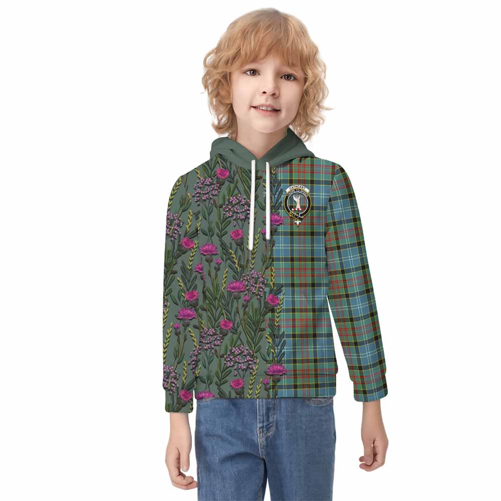 Cathcart Family Crest Tartan Kid Hoodie Scottish Thistle Flower Pattern Half Style - Tartan Vibes Clothing