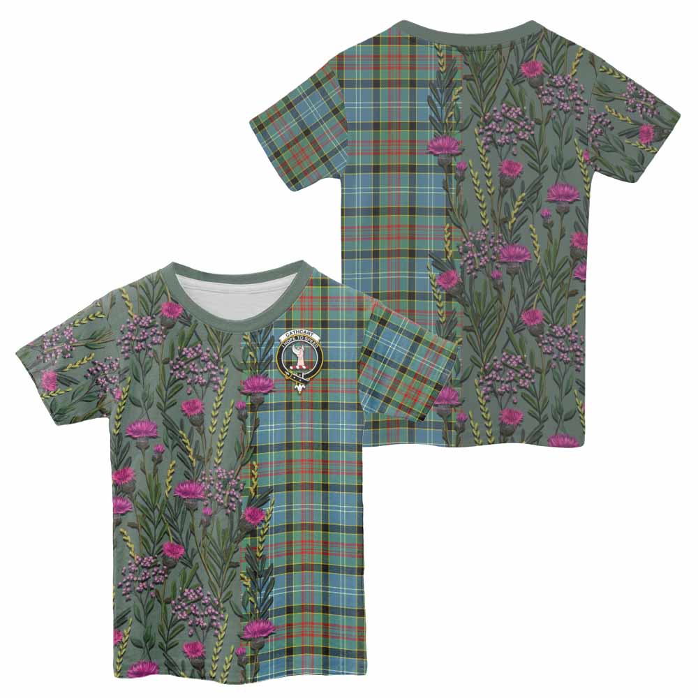 Cathcart Family Crest Tartan Kid T-shirt Scottish Thistle Flower Pattern Half Style - Tartan Vibes Clothing