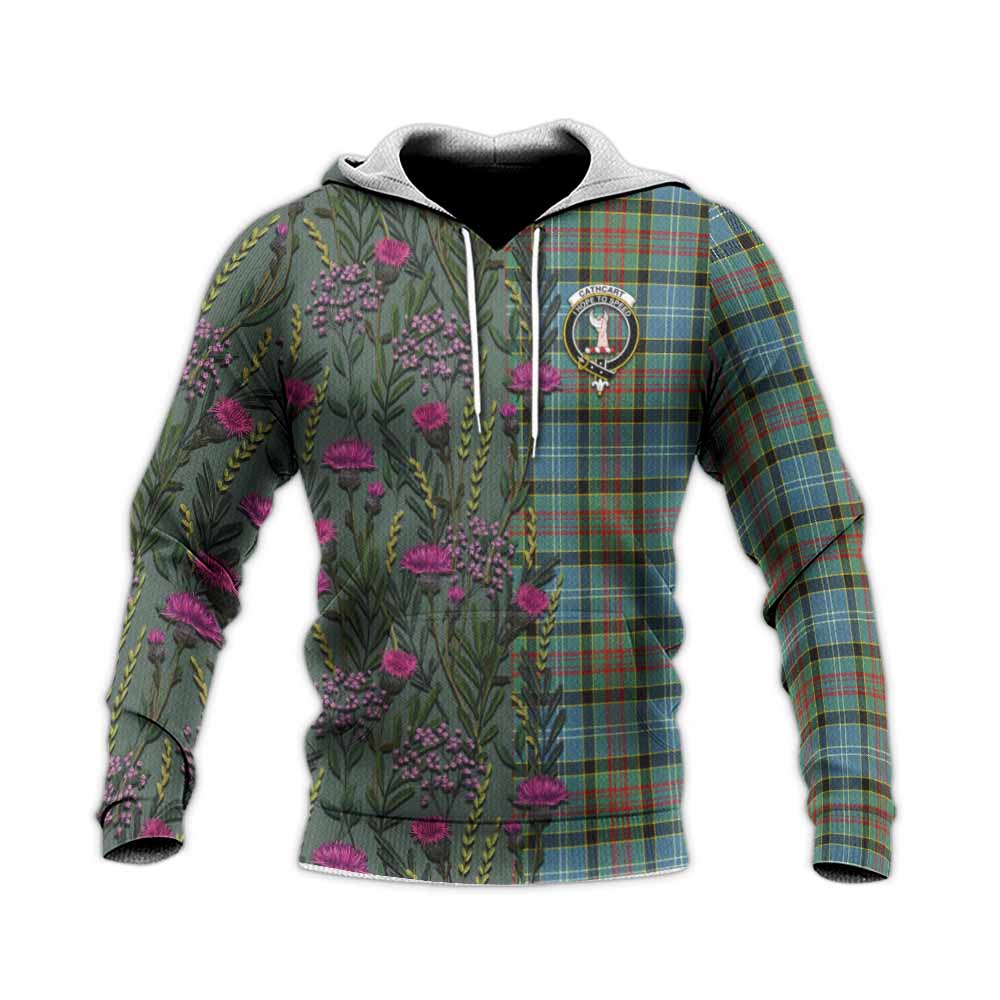 Cathcart Family Crest Tartan Knitted Hoodie Scottish Thistle Flower Pattern Half Style - Tartan Vibes Clothing