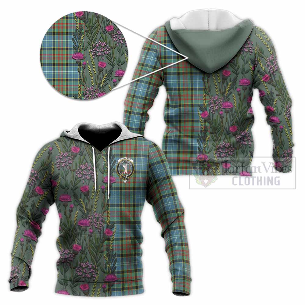 Cathcart Family Crest Tartan Knitted Hoodie Scottish Thistle Flower Pattern Half Style - Tartan Vibes Clothing