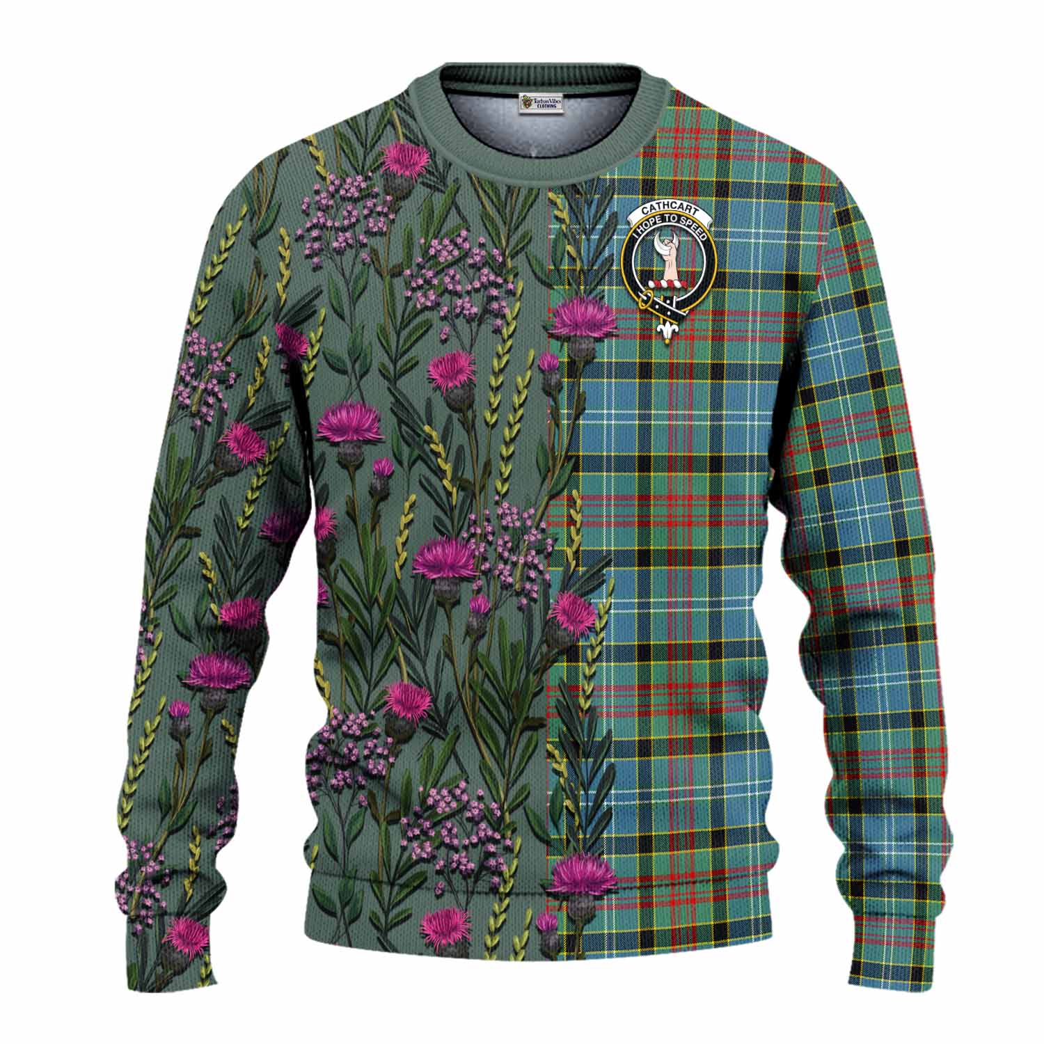 Cathcart Family Crest Tartan Knitted Sweater Scottish Thistle Flower Pattern Half Style - Tartan Vibes Clothing