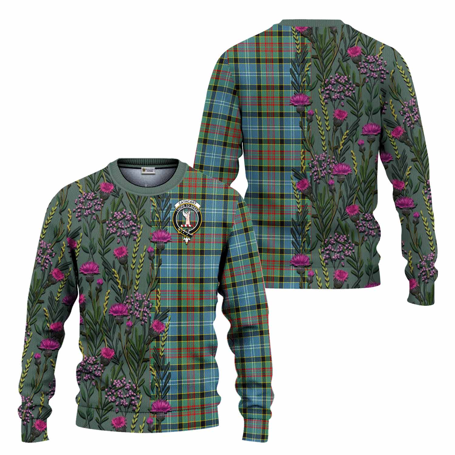 Cathcart Family Crest Tartan Knitted Sweater Scottish Thistle Flower Pattern Half Style - Tartan Vibes Clothing