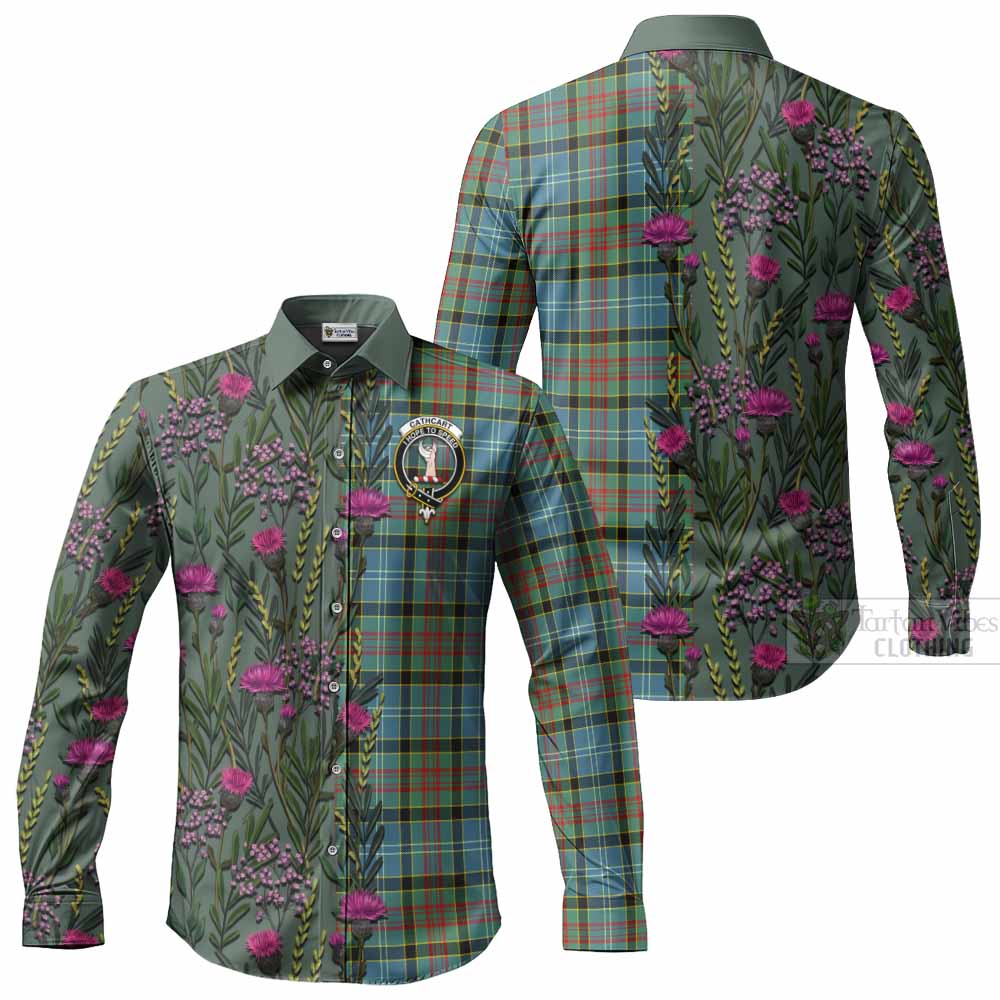 Cathcart Family Crest Tartan Long Sleeve Button Shirts Scottish Thistle Flower Pattern Half Style - Tartan Vibes Clothing