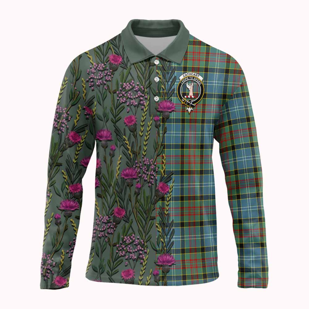 Cathcart Family Crest Tartan Long Sleeve Polo Shirt Scottish Thistle Flower Pattern Half Style - Tartan Vibes Clothing
