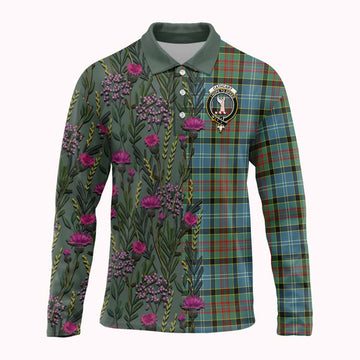 Cathcart Family Crest Tartan Long Sleeve Polo Shirt Scottish Thistle Flower Pattern Half Style